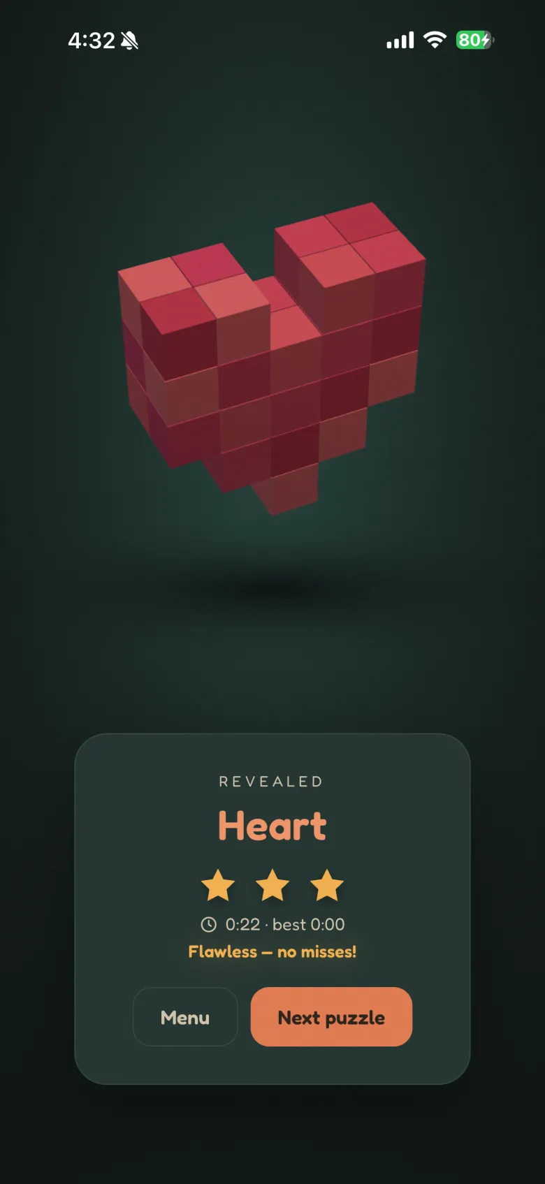 A revealed red voxel heart sculpture with three stars