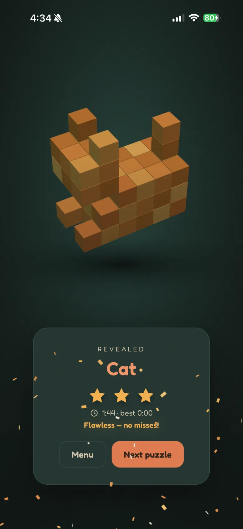 A revealed orange voxel cat sculpture, flawless solve