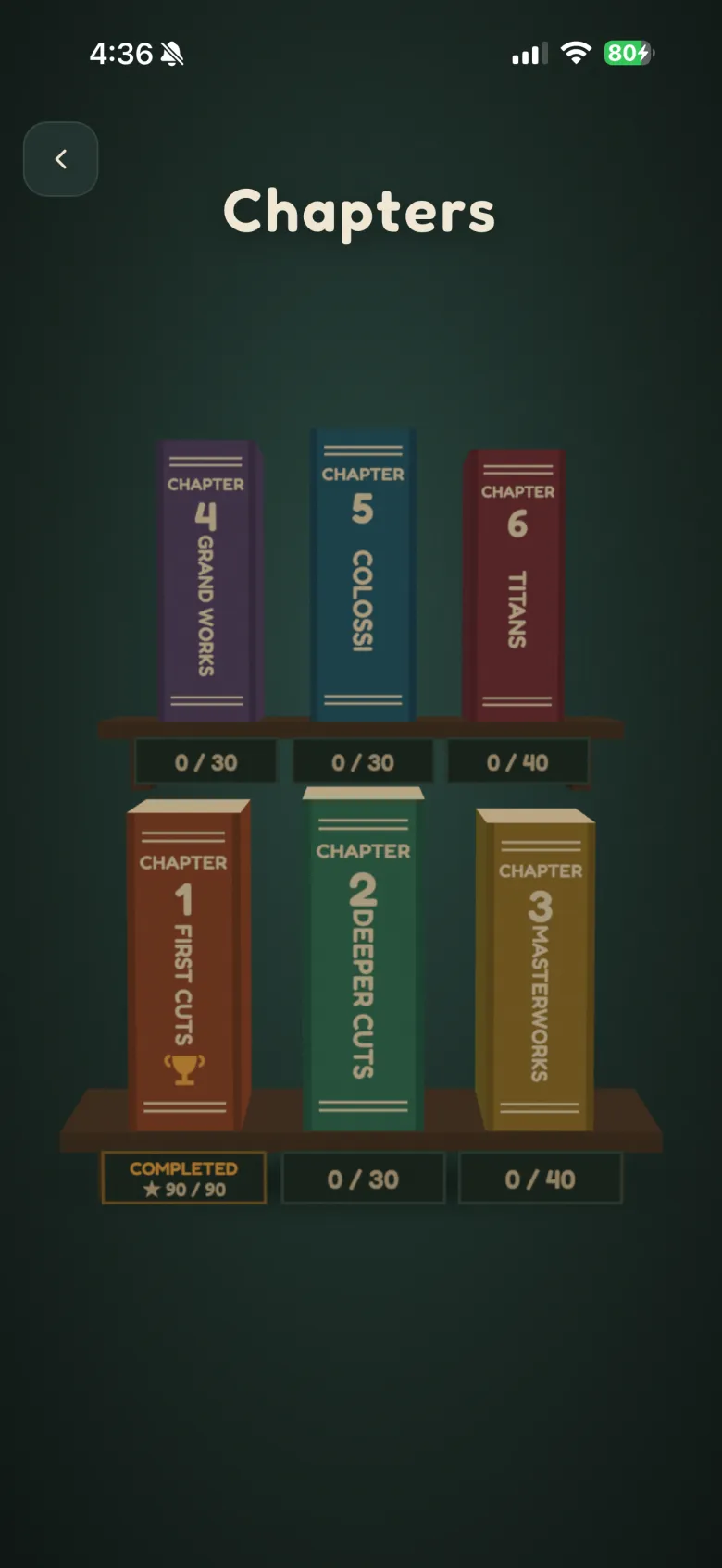 The chapters screen, six books on wooden shelves
